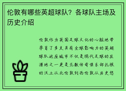 伦敦有哪些英超球队？各球队主场及历史介绍